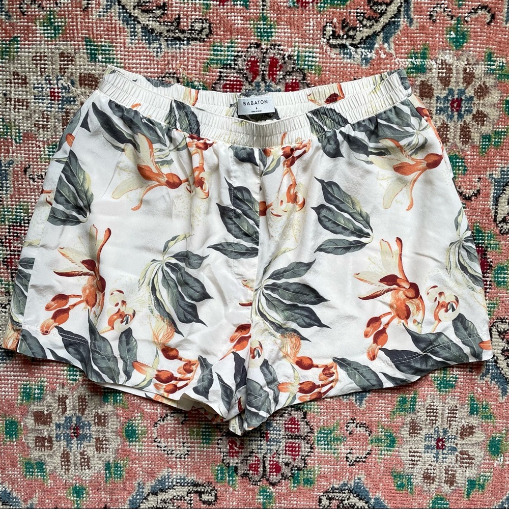 Babaton Floral Silk Shorts Lined Elastic Waist 6